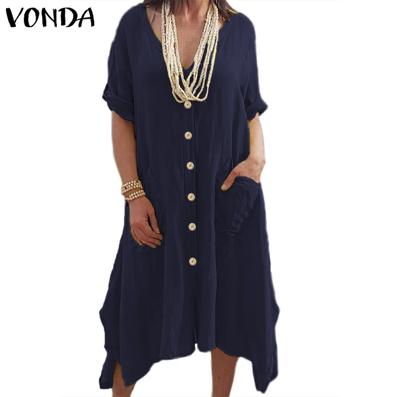 VONDA, элегантное платье, женское Повседневное платье, женское винтажное сексуальное платье с v-образным вырезом и длинным рукавом, весна-лето, вечерние платья размера плюс - Цвет: Navy