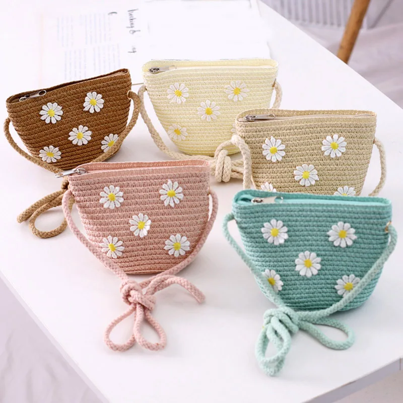 Bolso de hombro con diseño de margaritas y flores para niños y niñas, bandolera de paja, monedero, moneda de llaves, Mini bolso de princesa, novedad de Verano de 2020