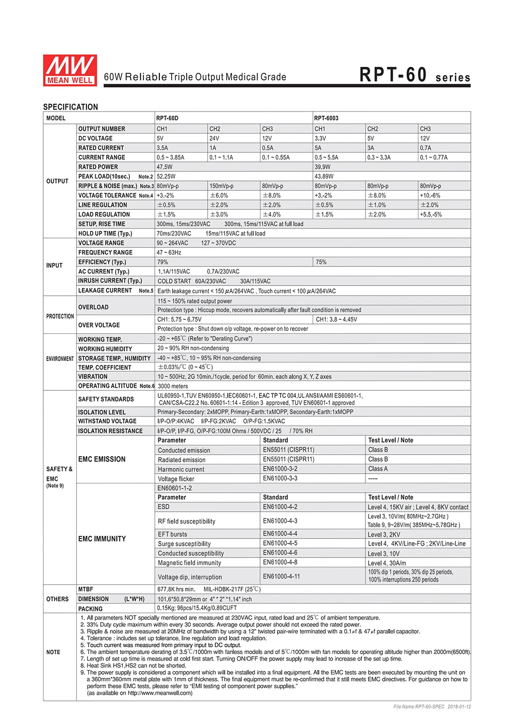 RPT-60D Meanwell 47,5 Вт тройной выход печатная плата PCB медицинский импульсный источник питания 110 В/220 В переменного тока до 5 В 24 в 12 В постоянного тока 3.5A 1A 0.5A