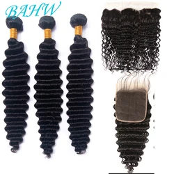 BAHW Deep Wave Bundles With Closure Human Hair Bundles With Transparent Lace Closure Brazilian 4X4 Closures With Bundles 30 Inch