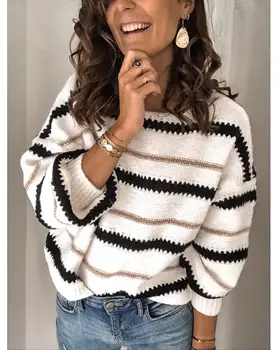 

Women Autumn Warm V Neck Long Sleeve Sweater Loose Knit Pullover Sexy Jumper Tops Fashion Casual Patchwork Lady Bottom Sweater