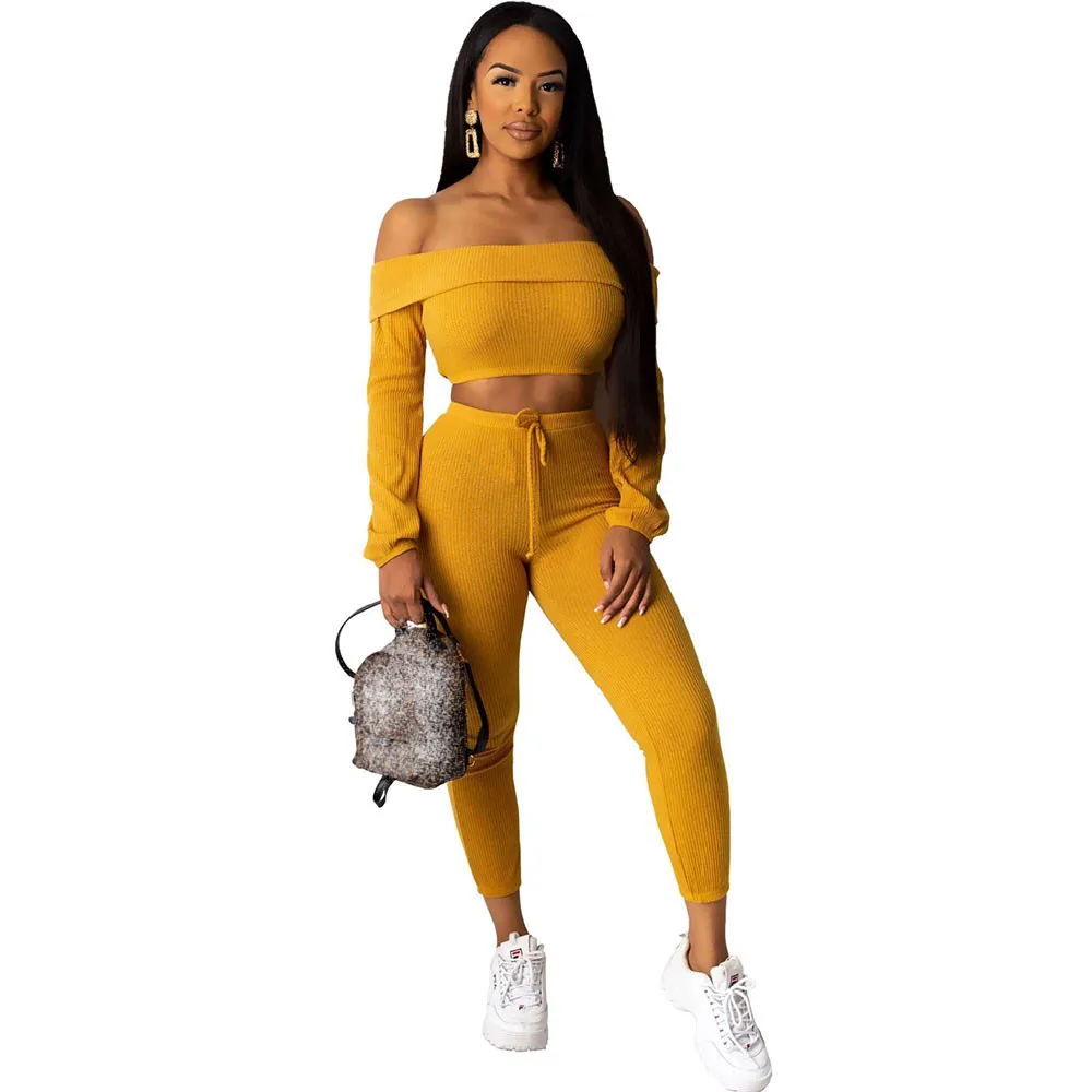 Women Knit Suit Two Piece Set Top and Pants Sexy Off Shoulder Long Sleeve Skinny Sweater 2 Outfits Club Matching Sets |