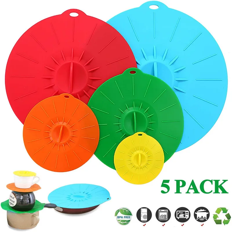 

5 Pcs Silicone Suction Seal Lids Microwave Cover Heat Resistant BPA-Free Leak-proof Cooking Container Covers for Bowls Pots Mugs