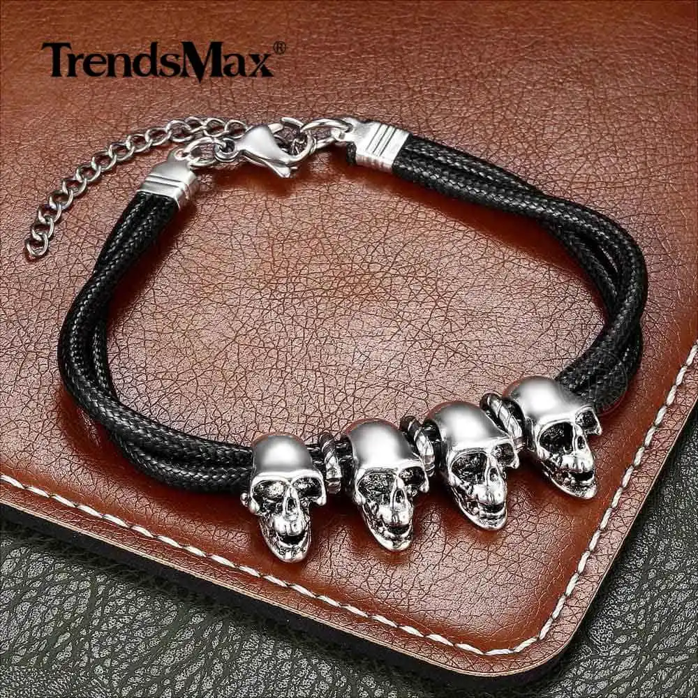 

New Fashion 3mm Skull Leather Bracelet for Men Boys Stainless Steel Double Braided Rock Cool Male Jewelry Punk Pulseira DLB179