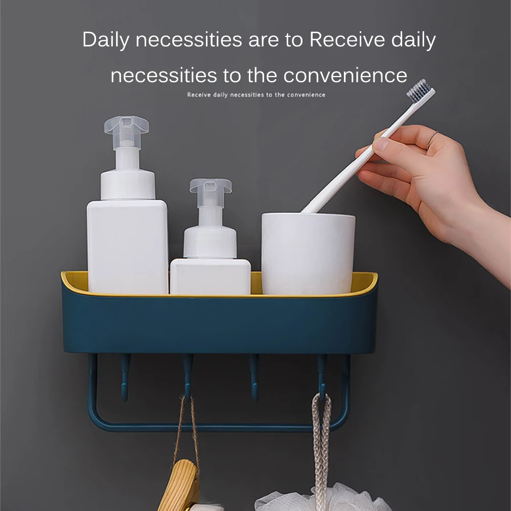 1Pc Originality Plastic Wall Mounted Self Adhesive Multifunction Portable Bathroom Shelf With Hooks Kitchen Storage Rack