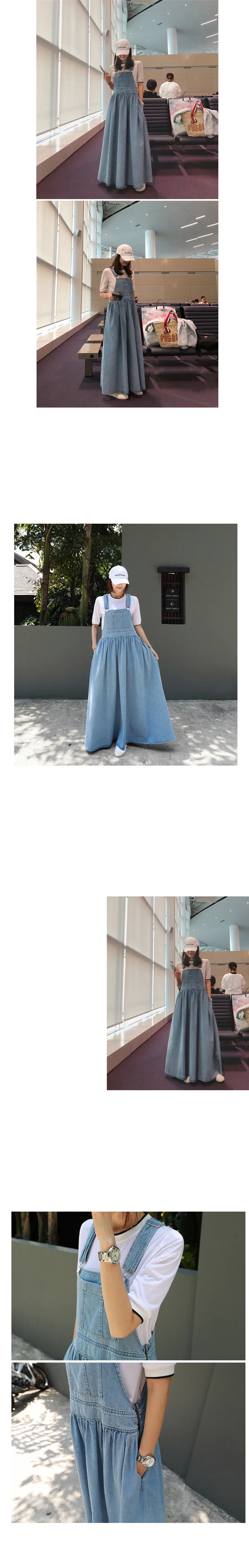 Весенне-осеннее джинсовое платье, женское джинсовое платье, сарафан, новое корейское издание, однотонное, без рукавов, на бретельках, с карманами, повседневное длинное платье
