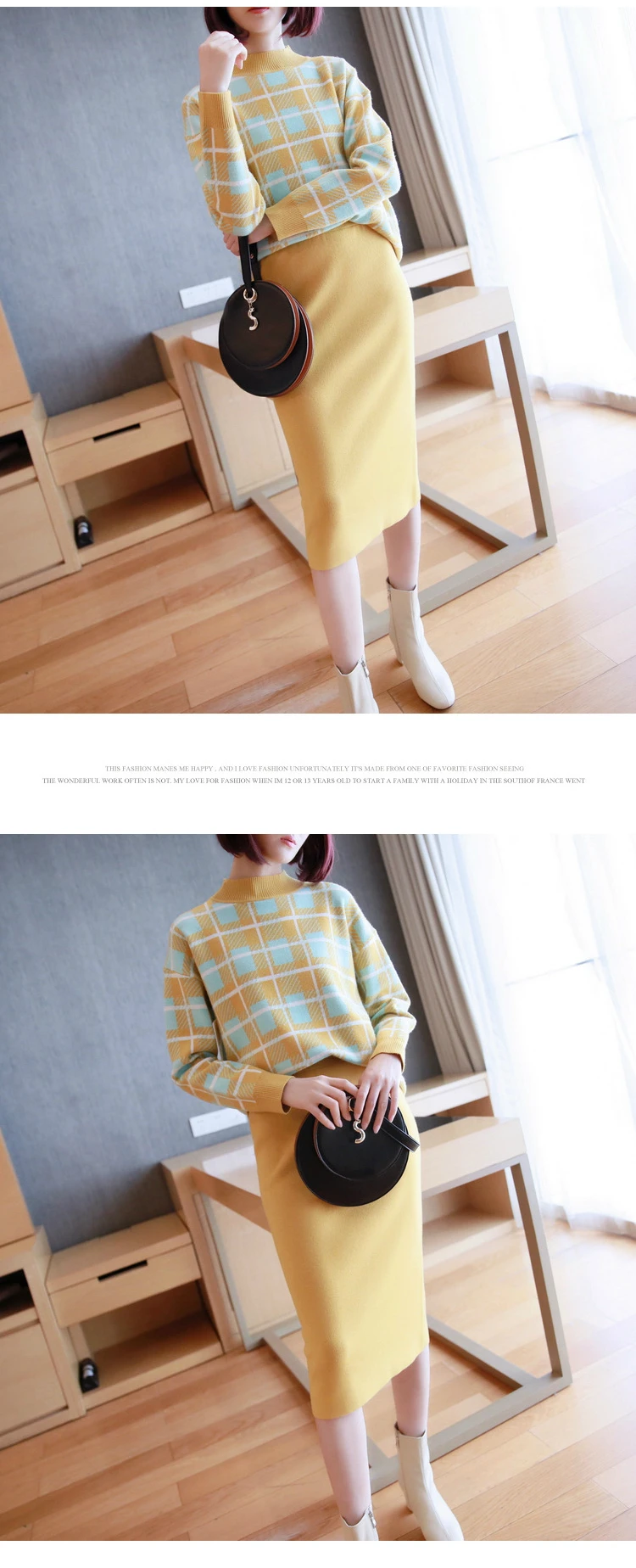 M-xxl большой размер Modis уличная Женская Повседневная комплект из двух предметов с принтом клетчатый свитер и желтая юбка женский осенне-зимний комплект
