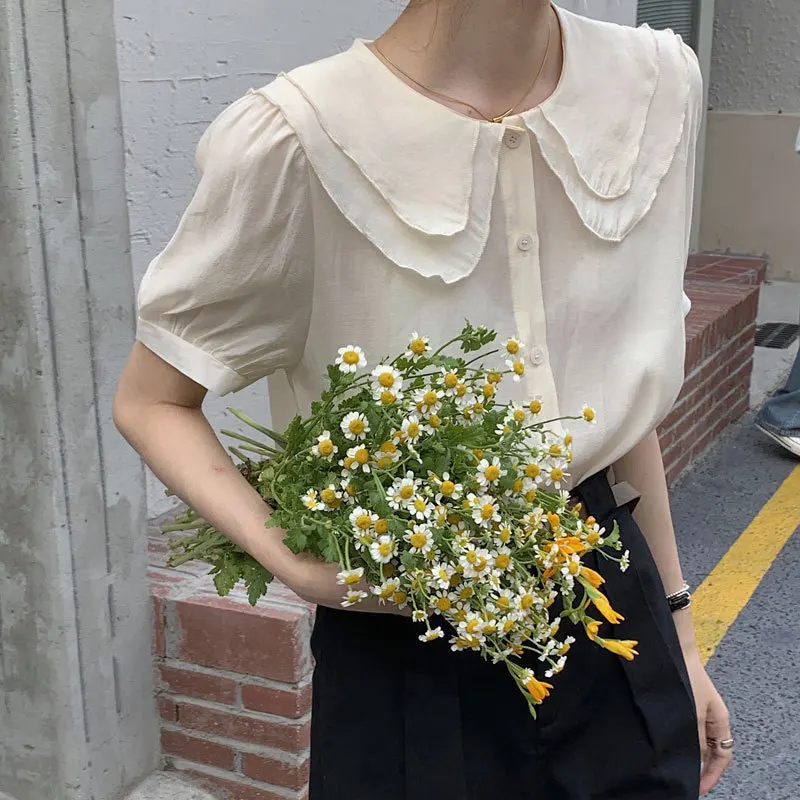 Camisetas de manga corta con cuello de Peter Pan para mujer, Blusas sencillas elegante, Blusas bonitas y frescas para mujer, Moda de oficina para mujer, novedad de verano - AliExpress Ropa