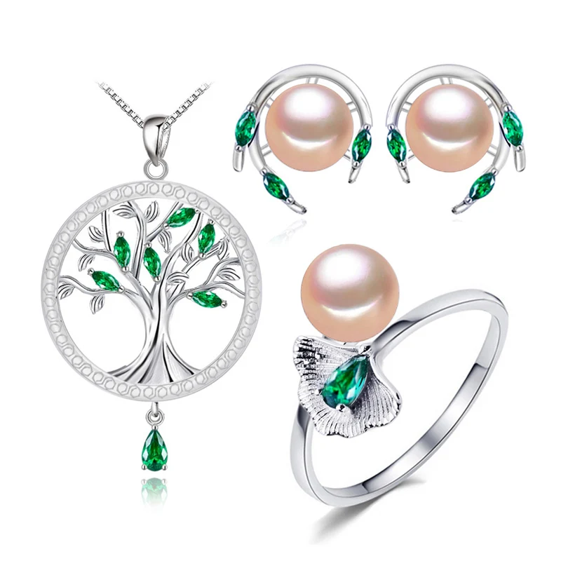 FENASY 925 Sterling Silver Emerald Jewelry Sets Natural Pearl Drop Earrings Bohemian Pendant Necklace Women Green Stones Ring - Цвет камня: E pink pearls