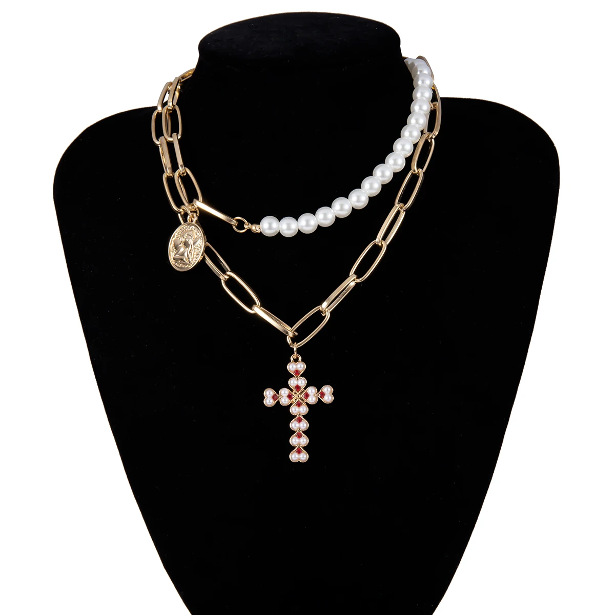 SHIXIN асимметричное многослойное жемчужное ожерелье с крестом золото/серебряный кулон с ангелом ожерелье для женщин хип-хоп массивная цепочка ожерелье подарок