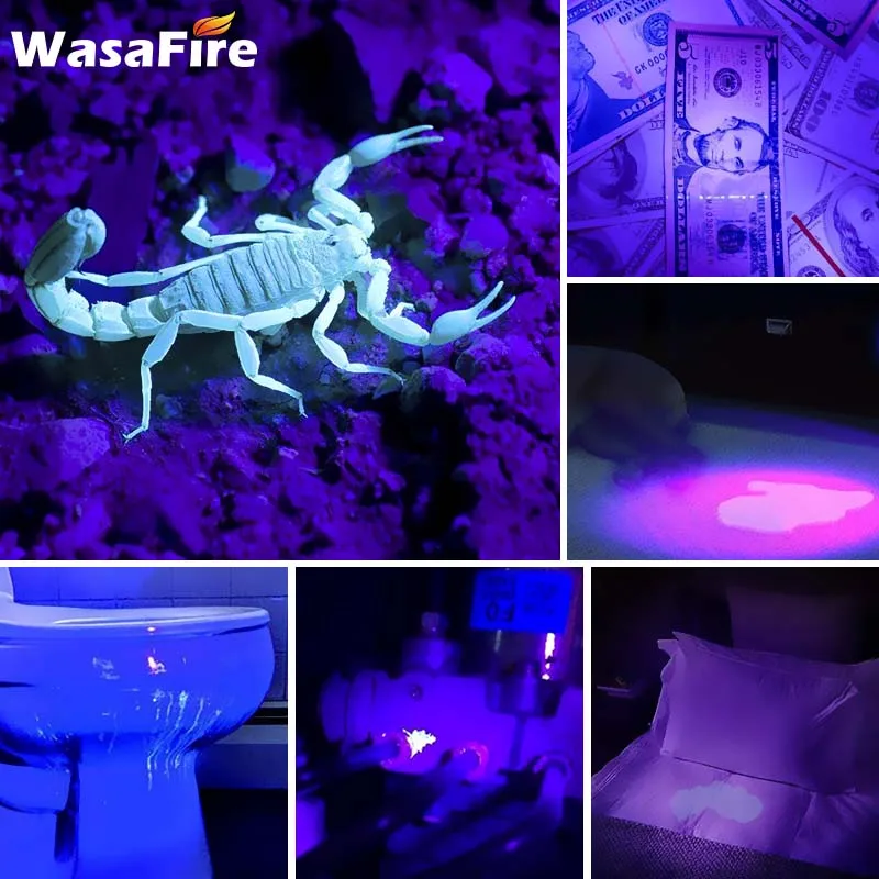 Wasafire Multifunction LED UV Flashlight Aluminum Alloy Mini Torch Zoomable Ultraviolet Lantern with 14500 Battery+Charger