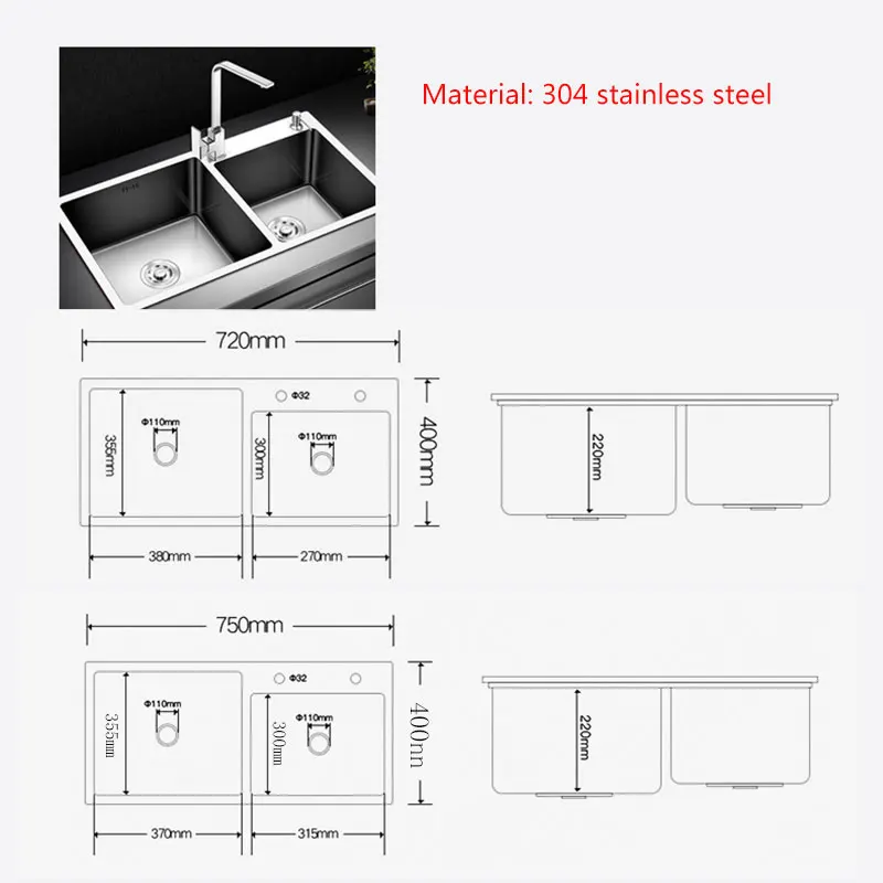 kitchen sink double bowl brushed 304 stainless steel above counter or udermount vegetable washing basin sinks kitchen