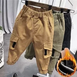 khaki with velvet Брюки-карго для маленьких мальчиков детская одежда г. Осенне-зимние повседневные штаны для маленьких мальчиков детские однотонные брюки плотные зимние штаны для малышей - Цвет: khaki with velvet