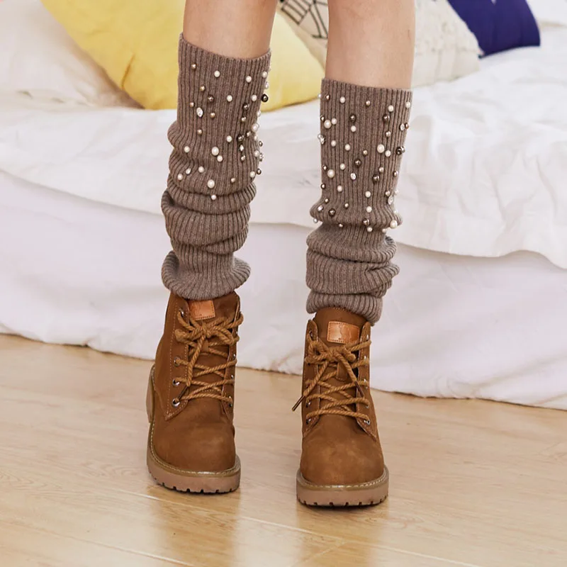 Осень-зима, модные теплые носки с жемчугом, носки выше колена, вязаные шерстяные сапоги, женские носки WSK07504