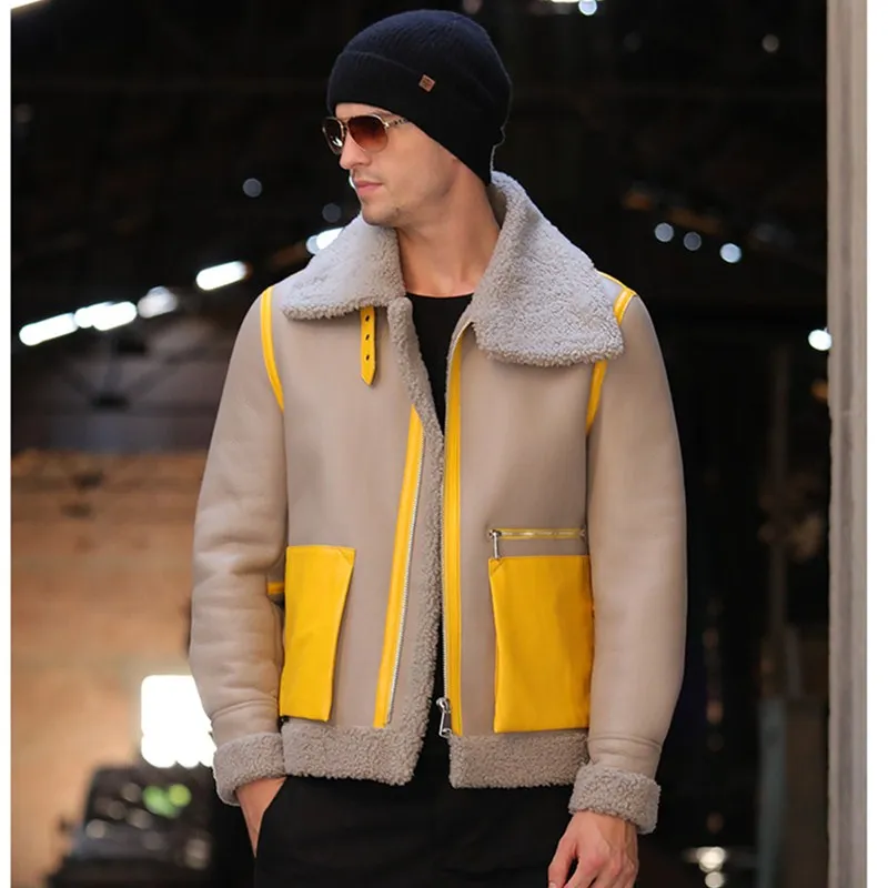 Пальто с мехом Для Мужчин's Shearling куртка B3 летная куртка короткой меховой кожаный жакет импортируется из шерсти из Австралии Для мужчин из овчей солнцезащитные очки-авиаторы - Цвет: Хаки