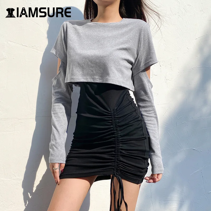 

IAMSUR2020 Sexy Two Piece Set drawstring cut out suspender skirt 2 Piece Set Women Long Sleeve Top And Skirt Summer Autumn Sets