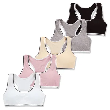 

5Pc/lot Sports Training Bra Underwear Solid Color Striped Printed Scoop Neckline Teenage Puberty Girl Wireless Bralette Vest