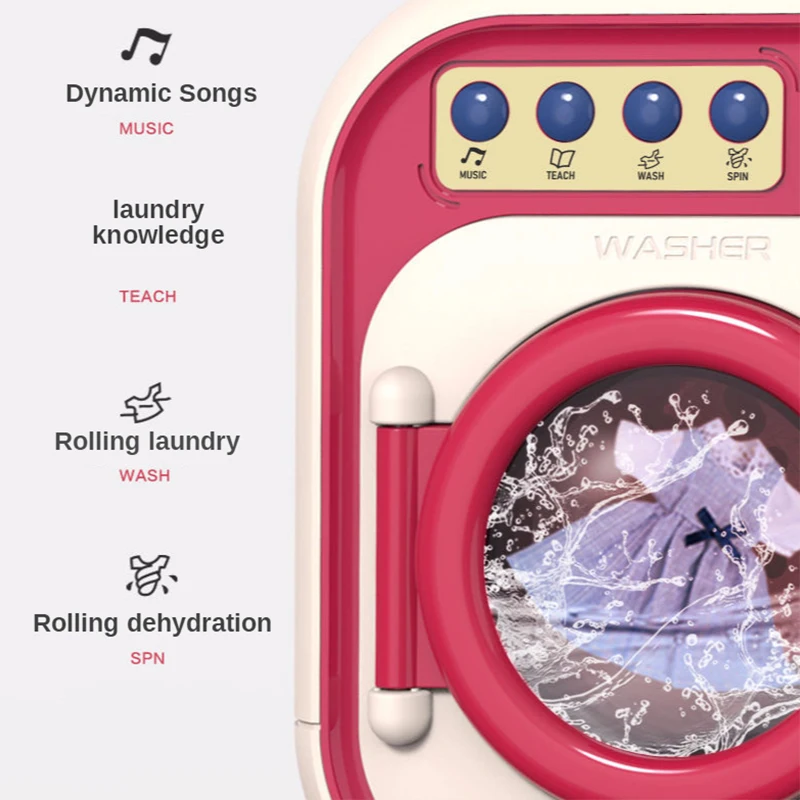 Children Washing Machine Toy Set Pretend Home Cleaning Simulation Washing Machine Mini Drum Rotate Kinetic Energy with Water 3