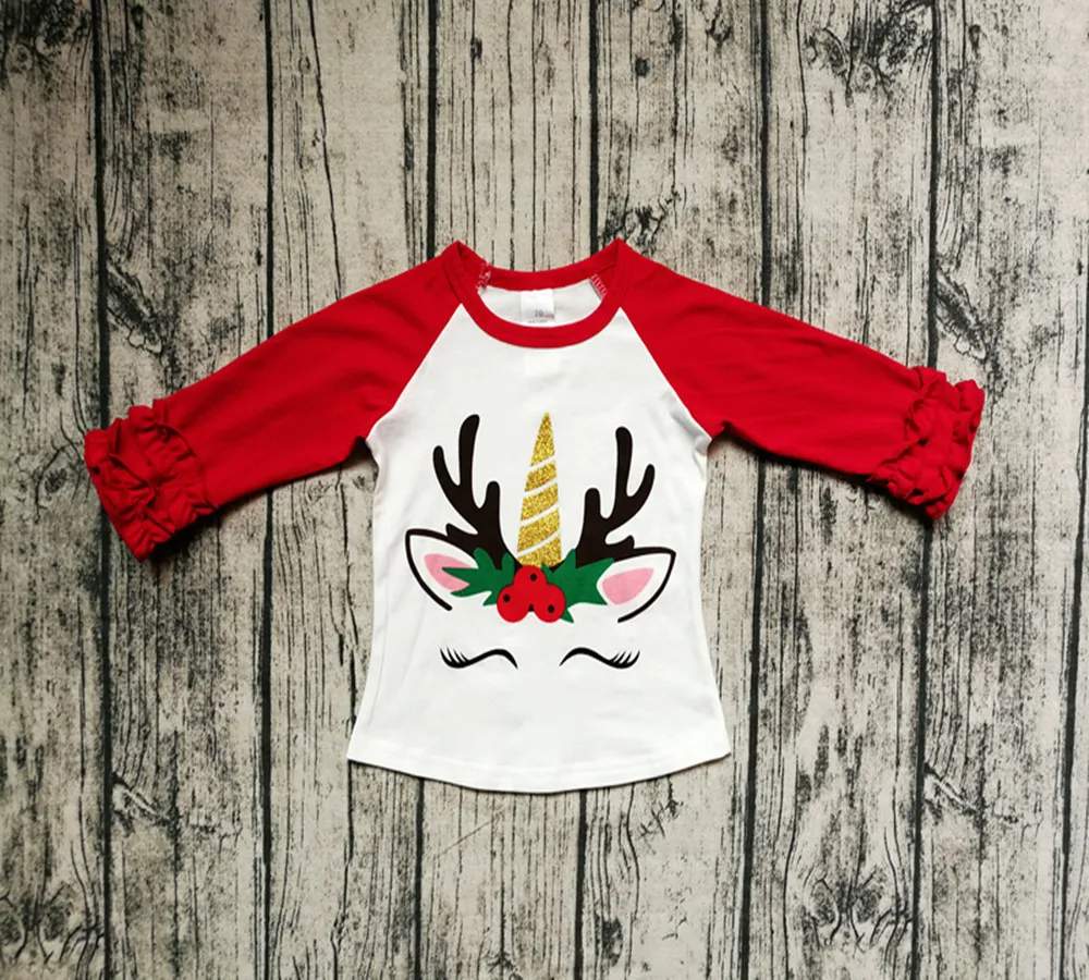Рождественские футболки с единорогом; Детские футболки с оборками на День Благодарения для девочек; рождественские футболки реглан; зимняя одежда для маленьких девочек; топы для девочек - Цвет: 1