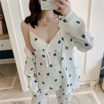 

Fiklyc Autumn And Winter Cotton Pajamas Fresh Ladies Home Service Three-Piece Sexy Sweet Suspenders Robe Long Sleeves