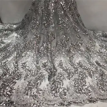 

2019 silver high quality French Nigerian sequins net lace,African tulle mesh sequence lace fabric for party dress 5yards/lot