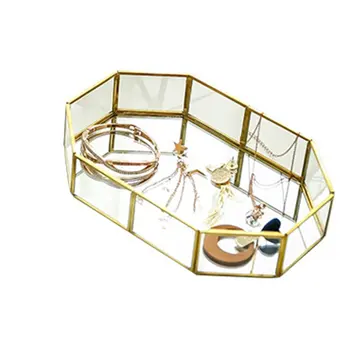 

Nordic Retro Brass Storage Tray Golden Polygon Glass Makeup Organizer Tray Dessert Plate Jewelry Display Home Kitchen Decor