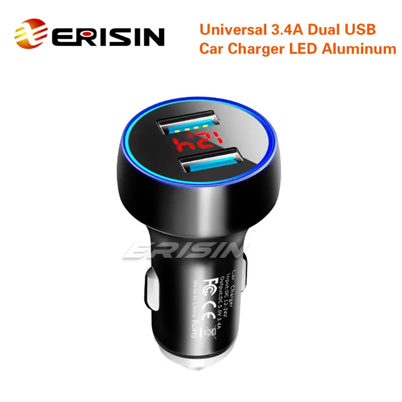 

Erisin ES054 Portable 3.4A Car Charger Dual USB LED 5V Al Alloy For iPhone Android Hammer