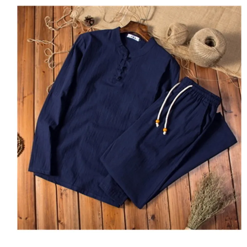 Весенняя Мужская рубашка, мужские хлопковые и льняные рубашки с длинным рукавом, мужские Модные Повседневные рубашки, мужские Размеры от M до 5XL - Цвет: navy