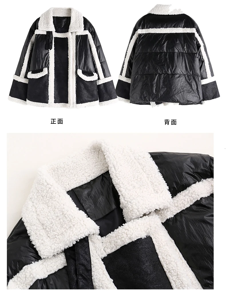 New Women Silver Jacket Lambswool Fur one Down Jackets Fashion Glossy Stand Collar Cotton Coat Women Winter Warm Outerwear