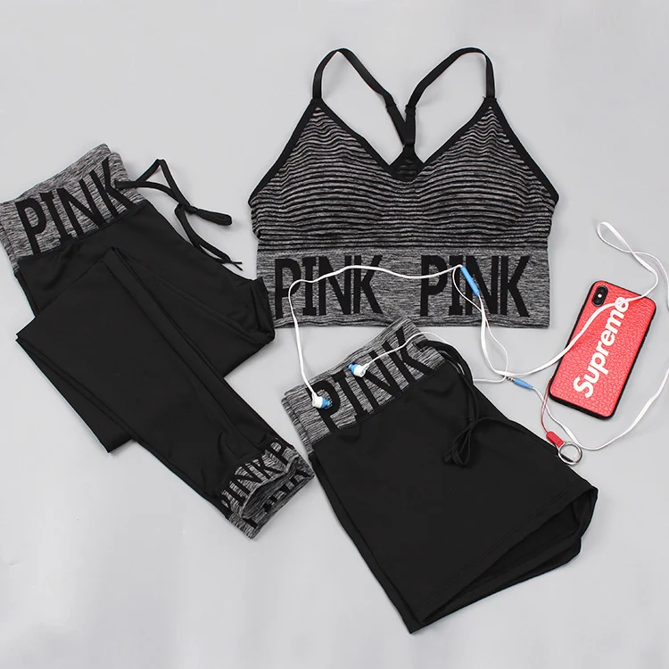 PINK Gym Set Women Sports Bra+Yoga Pants+Shorts Fitness Clothing Sportwear Women Yoga Workout Set