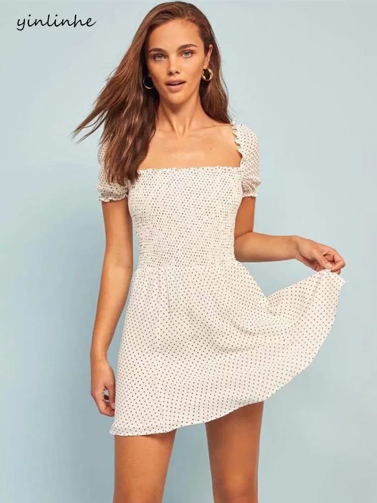 

yinlinhe White Polka Dot Women Chiffon Dress Short Sleeve Summer Dress Elasticity Waist Slim Vintage Holiday Vestidos 1280