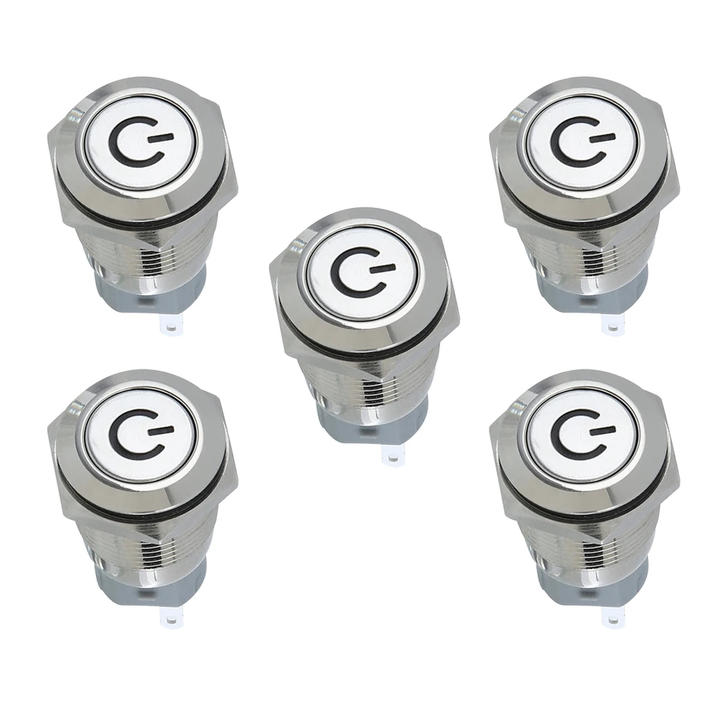 5x Latching Push Button Switch Aluminium Alloy Stainless Steel Shell for 16mm with 12V Red LED Light