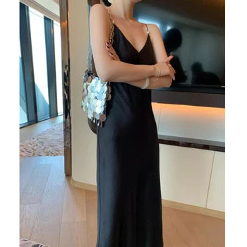 

Summer pearl decoration women dress casual solid color halter strap dress