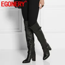 EGONERY/ковбойские сапоги до колена из коровьей кожи; женские вечерние сапоги ручной работы в байкерском стиле; сезон зима-весна; женская обувь на высоком каблуке из плюша