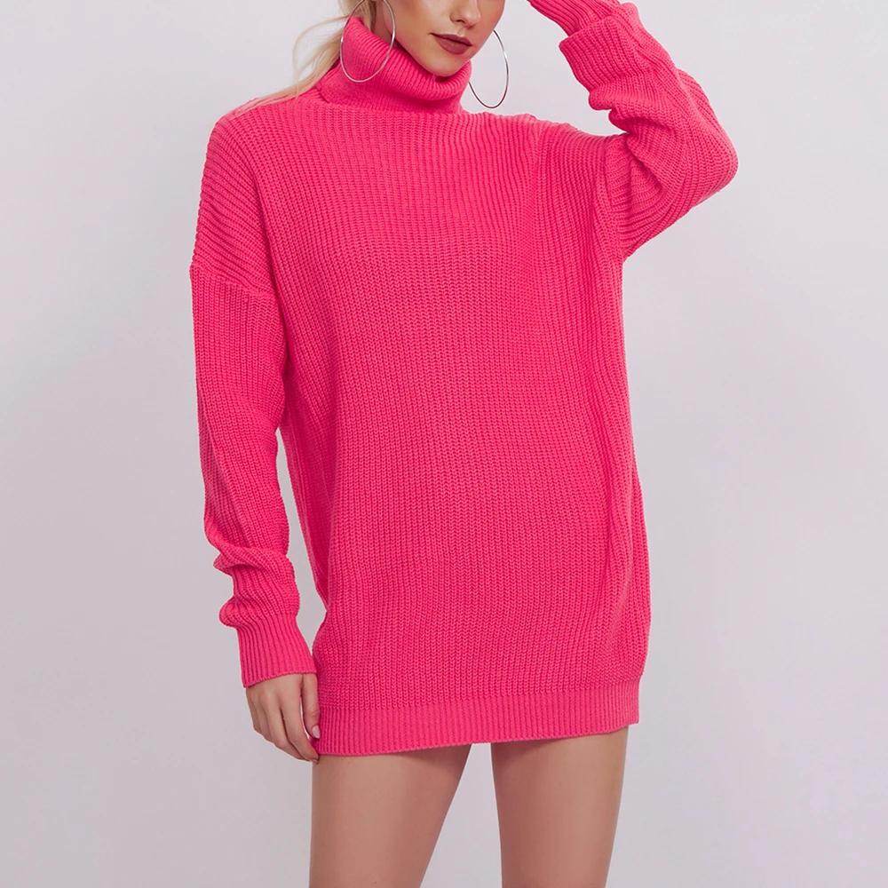 Вязаный свитер с высоким воротом на осень и зиму, женские свитера неонового цвета с длинным рукавом, модный джемпер, повседневный базовый тонкий пуловер - Цвет: Rose Red
