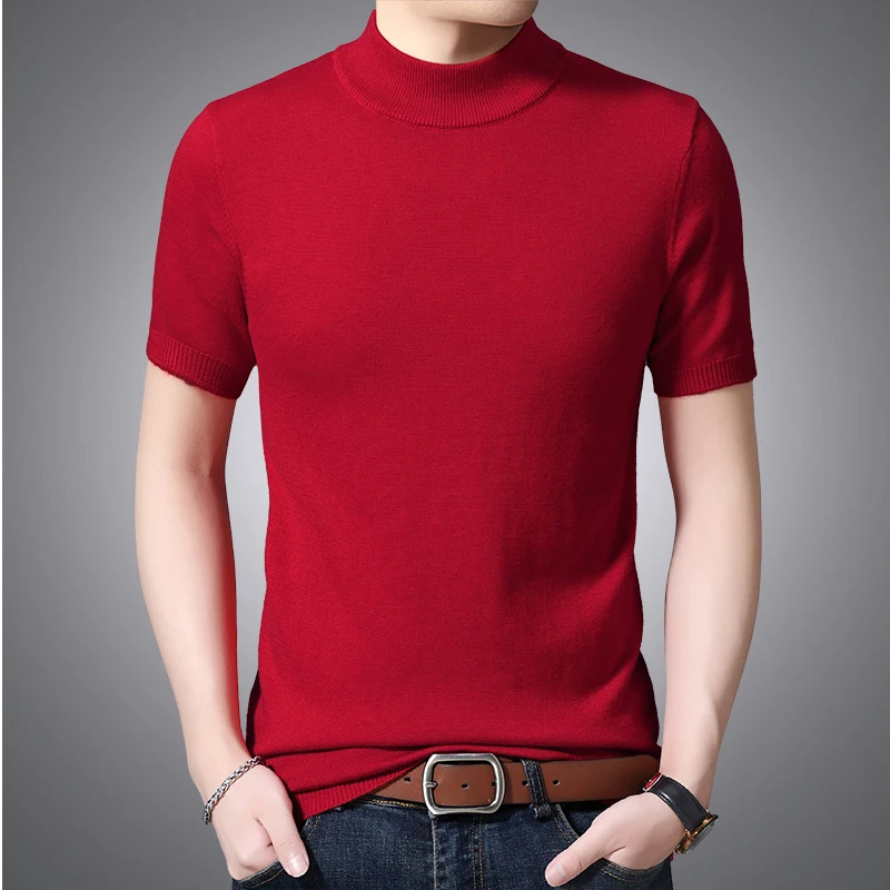 Мужская шерстяная рубашка, свитер с коротким рукавом, высокое качество, Сексуальная мужская Тонкая рубашка, вязаные шерстяные футболки - Цвет: Красный