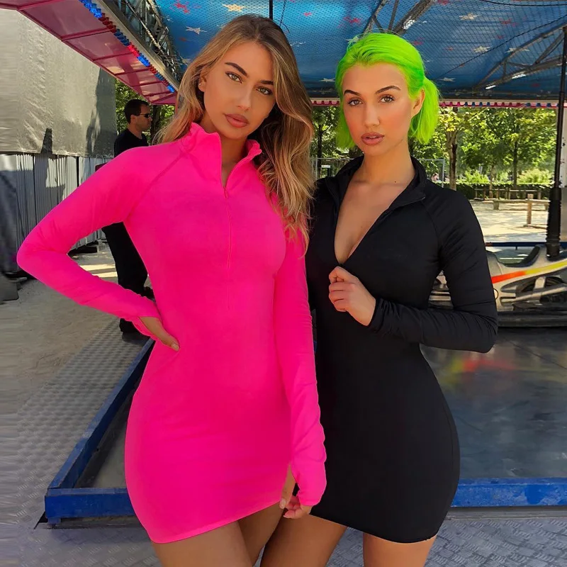 

2020 solid long sleeve high neck zipper high waist bodycon sexy stretchy dresses autumn winter women fashion casual set