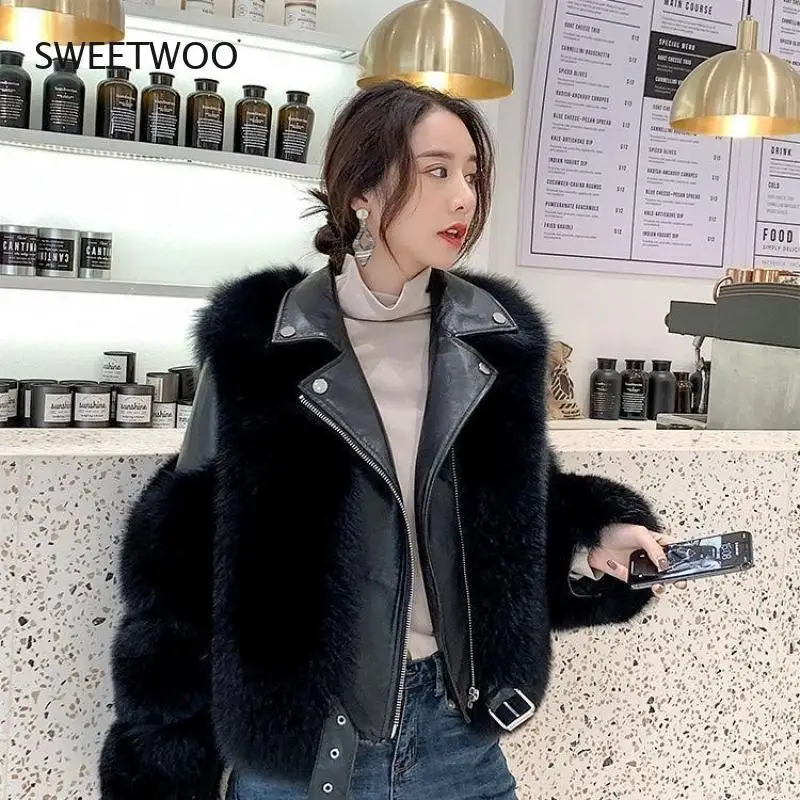Fashion Faux Fox Fur Coats Women Winter Motorcycle Pu Leather Turn Down Collar Warm Jacket Outwear Luxury Female 2021