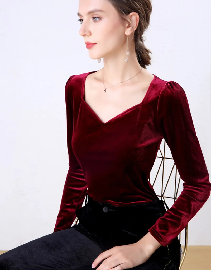Осенняя женская блузка рубашка бархатная ретро с v-образным вырезом новые тонкие женские футболки с длинными рукавами Джемпер красный