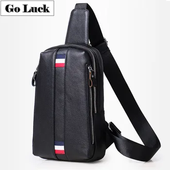 

GO-LUCK Brand Genuine Leather Black Chest Sling Pack Men's Crossbody Shoulder Bag Men Cowhide Messenger Bags Casual Strip Design