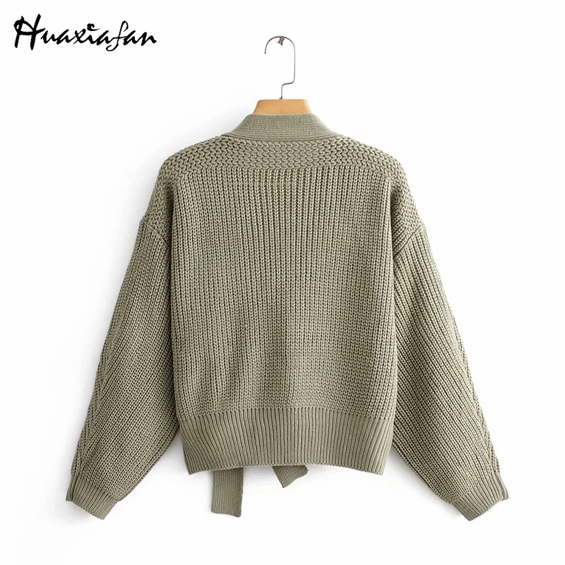 Huaxiafan cardigans solid belt sweaters women autumn outwear casual tops elegant V neck puff sleeves vintage warm cardigans new