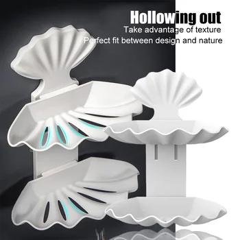 

Wall Mounted Draining Double Layers Kitchen Home Bathroom Shell Shaped No Drilling Shower Hotel Organizer Plate Soap Dish Tray