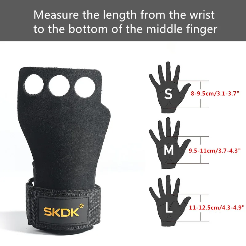 3-Hole Finger Crossfit Leather Hand Grips with Neoprene Wrist Wraps for Gymnastics Rings Gym Weight Lifting Pull Up Bar Training
