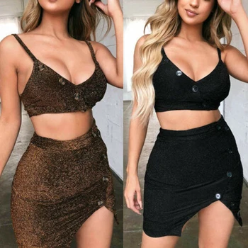 

Fashion Womens Summer 2 Piece Clothes Sets Button Bodycon Tank Top and Skirt Set V-neck Sexy Club Party Dress Outfits