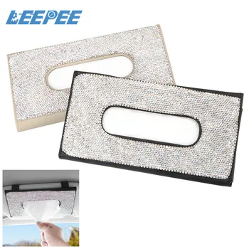 

LEEPEE Interior Accessories PU Leather Crystals Rhinestone Hanging Paper Towel Cover Case Car Tissue Box Car Visor Tissue Holder