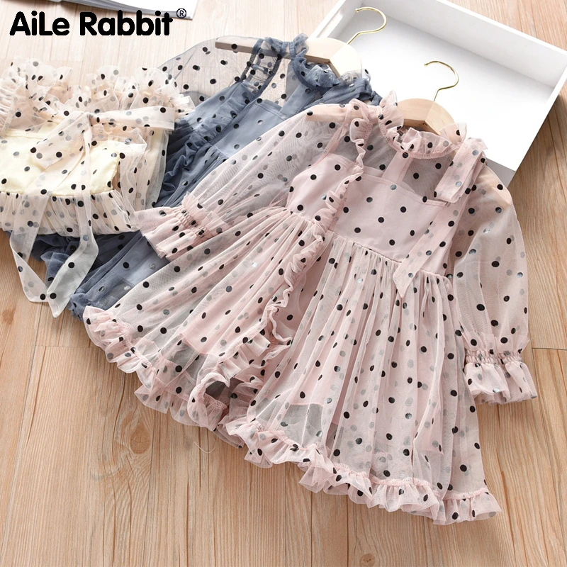 

Fashion Girl Party Dresses Mesh Dots Long Sleeve Children Princess Dress Casual Elegant Kids Dress Baby Clothes