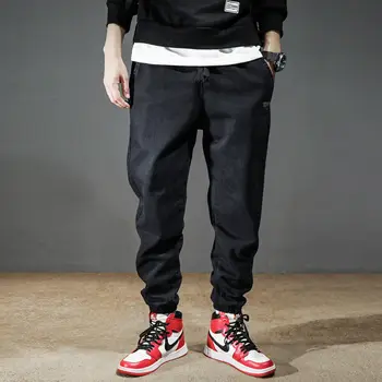 

Fashion Streetwear Men Jeans Black Color Loose Fit Denim Cargo Pants High Quality Japanese Style Hip Hop Jeans Men Joggers Pants