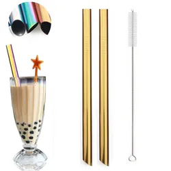 Set of 2 Reusable Extra - Wide Stainless Steel Straws with Cleaning Brush (Gold - Sharp)