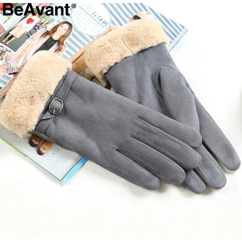 BeAvant/модные толстые зимние перчатки на полный палец женские замшевые ветрозащитные женские теплые меховые перчатки для вождения на открытом воздухе женские перчатки варежки - Цвет: Серый