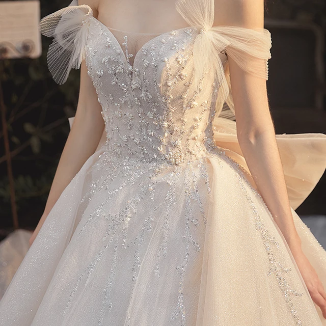 LDR38 Shiny Off-shoulder Light Wedding Dress 2021 Flowers Print Bow Tail Dress Bride Simple Graceful Elegant vestidos de fiesta 5